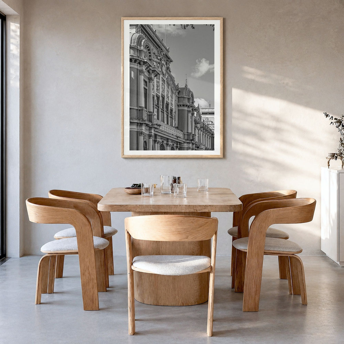 San José, Costa Rica Photo Poster in a natural wood frame, hanging in a dining room, white border