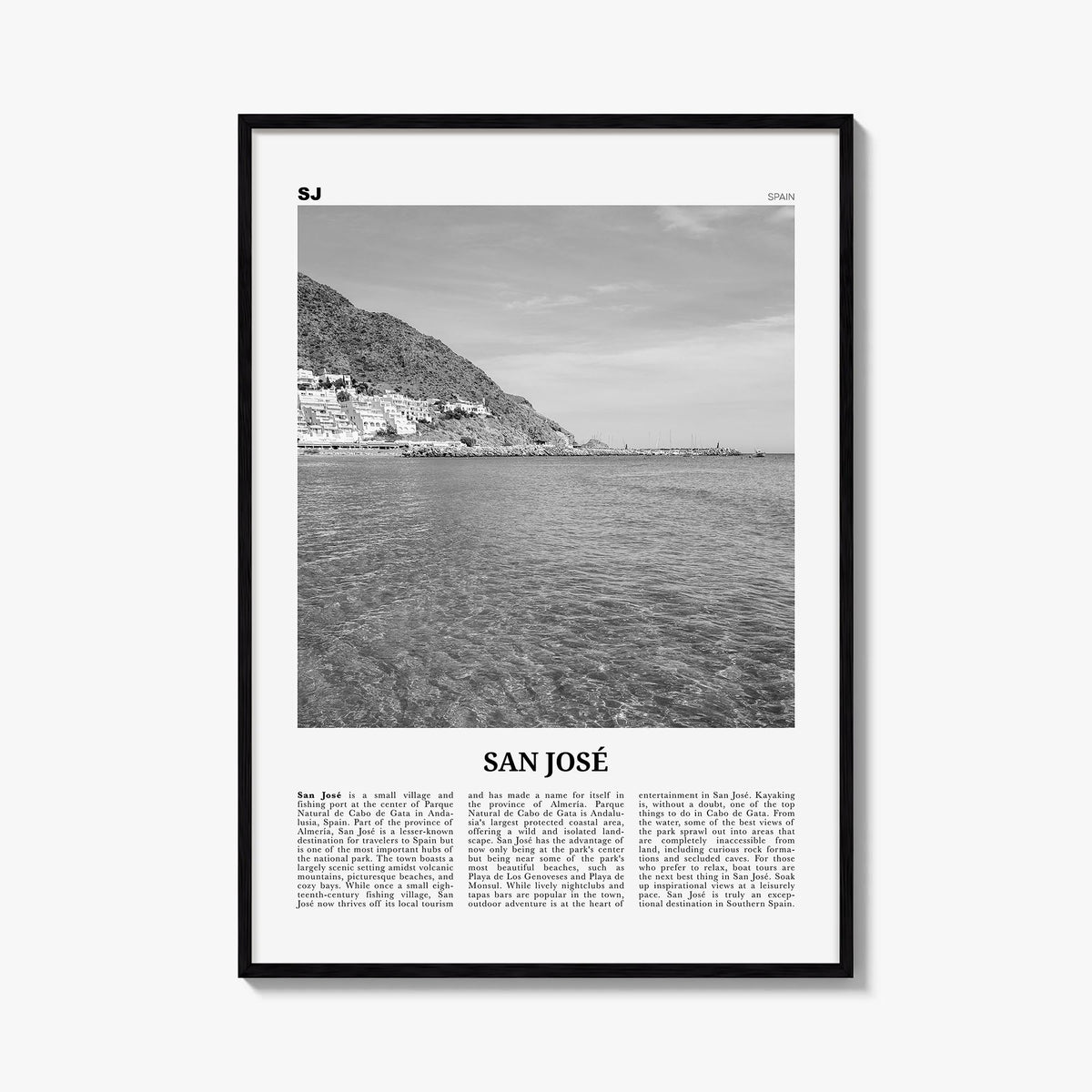 San José, Spain black & white newspaper poster of Spain – vertical wall art, unframed print shown in interior mockup