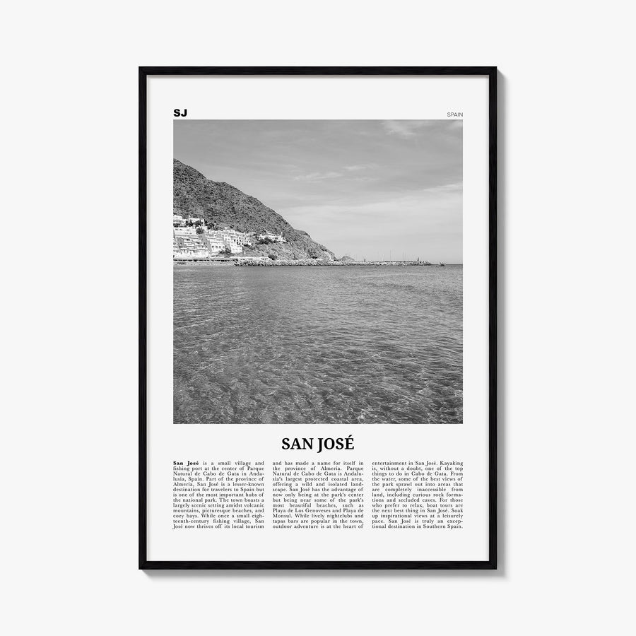 San José, Spain black & white newspaper poster of Spain – vertical wall art, unframed print shown in interior mockup