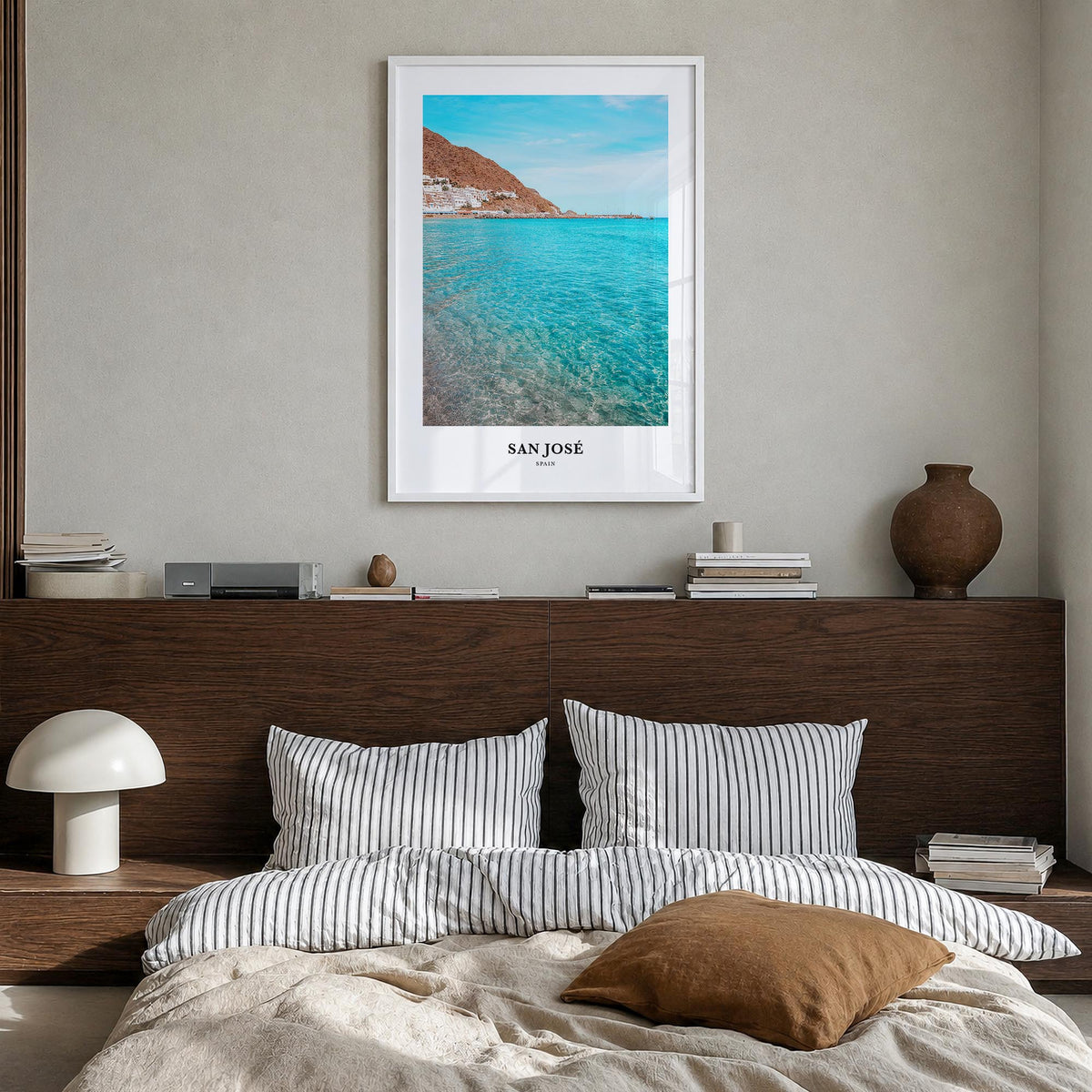 San José, Spain colorful classic poster of Spain – vertical wall art in white wood frame, hanging on wall