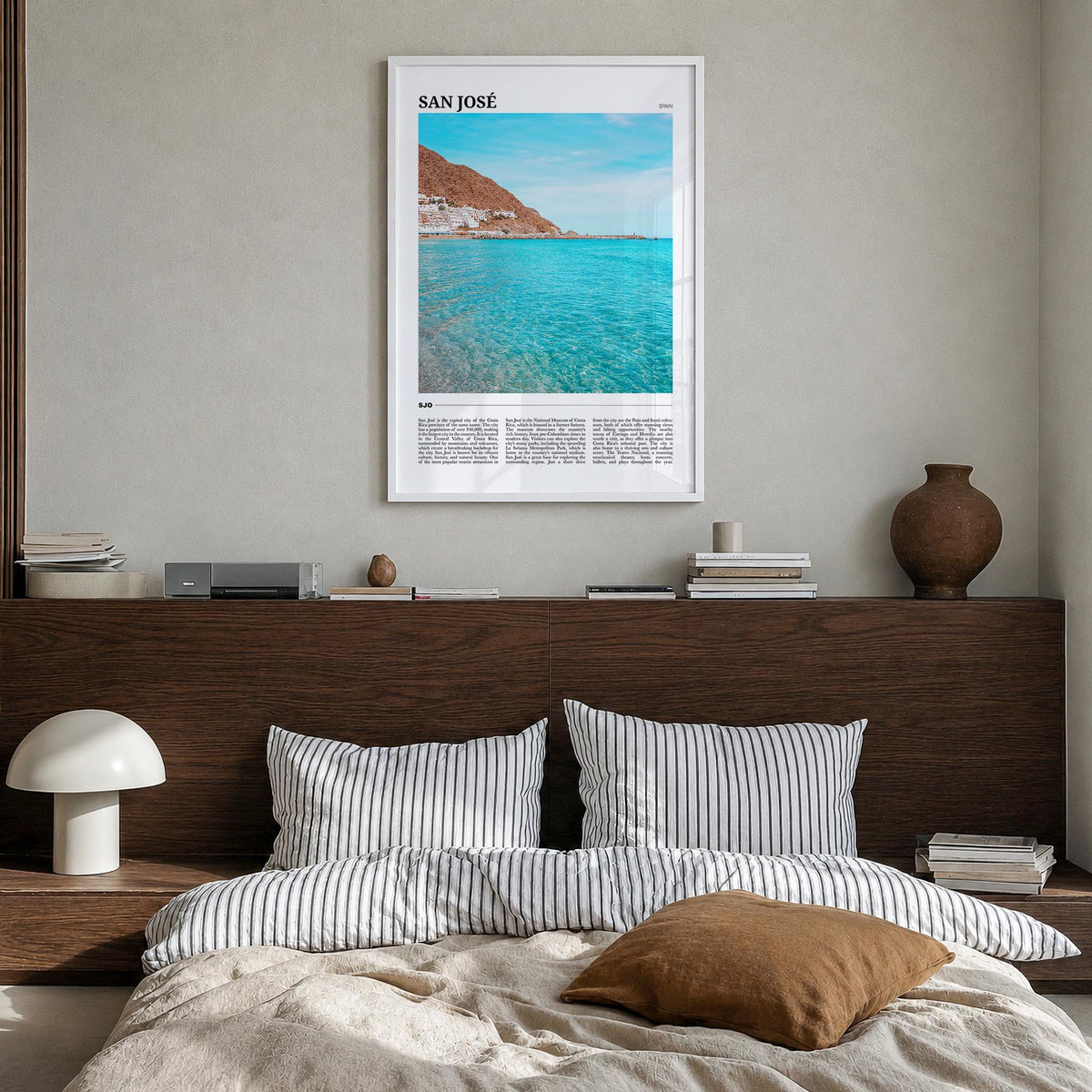 San José, Spain colorful travel poster of Spain – vertical wall art in white wood frame, hanging on wall