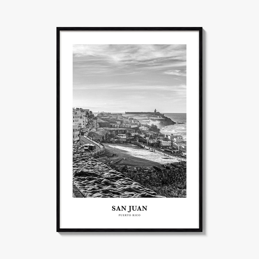 San Juan black & white classic poster of Puerto Rico – vertical wall art, unframed print shown in interior mockup