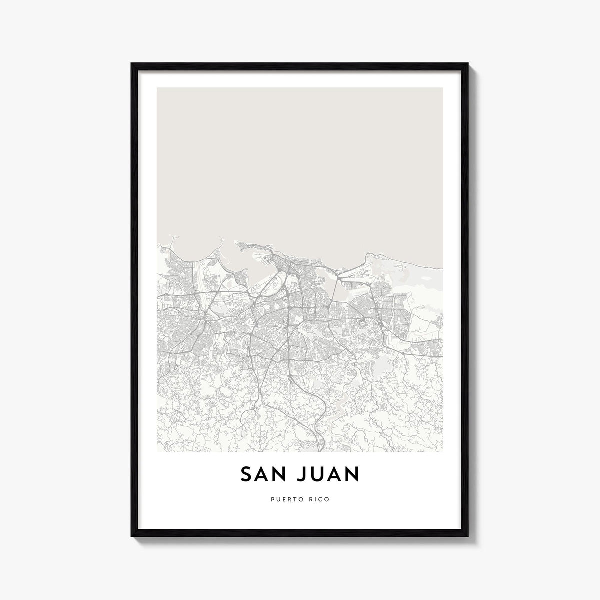 San Juan black & white map poster of Puerto Rico – vertical wall art, unframed print shown in interior mockup