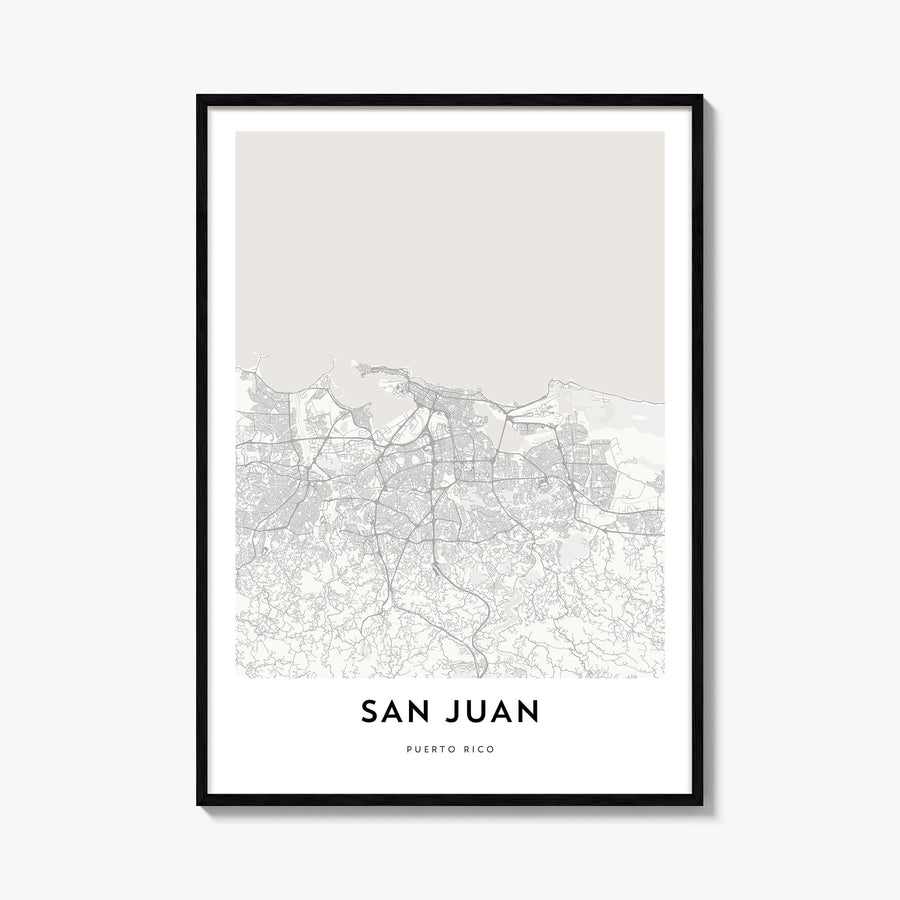 San Juan black & white map poster of Puerto Rico – vertical wall art, unframed print shown in interior mockup