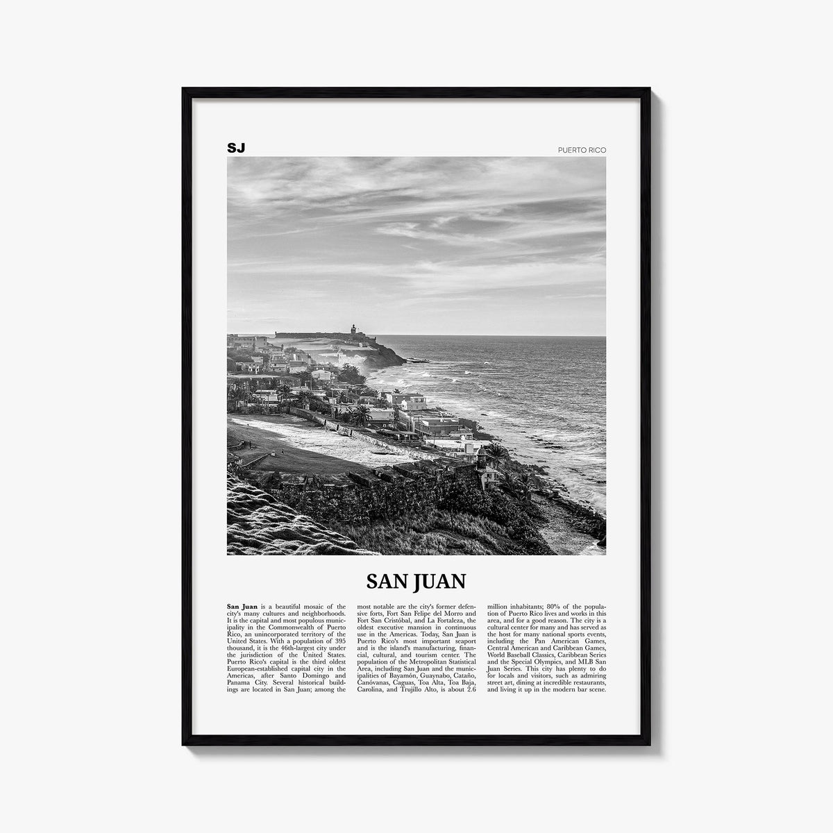San Juan black & white newspaper poster of Puerto Rico – vertical wall art, unframed print shown in interior mockup