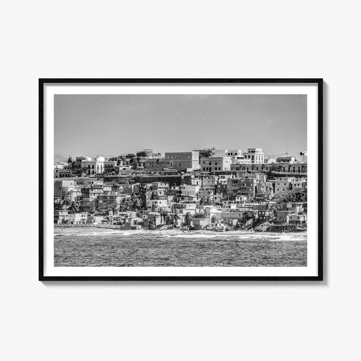 San Juan black & white photo poster of Puerto Rico – horizontal wall art, unframed print shown in interior mockup