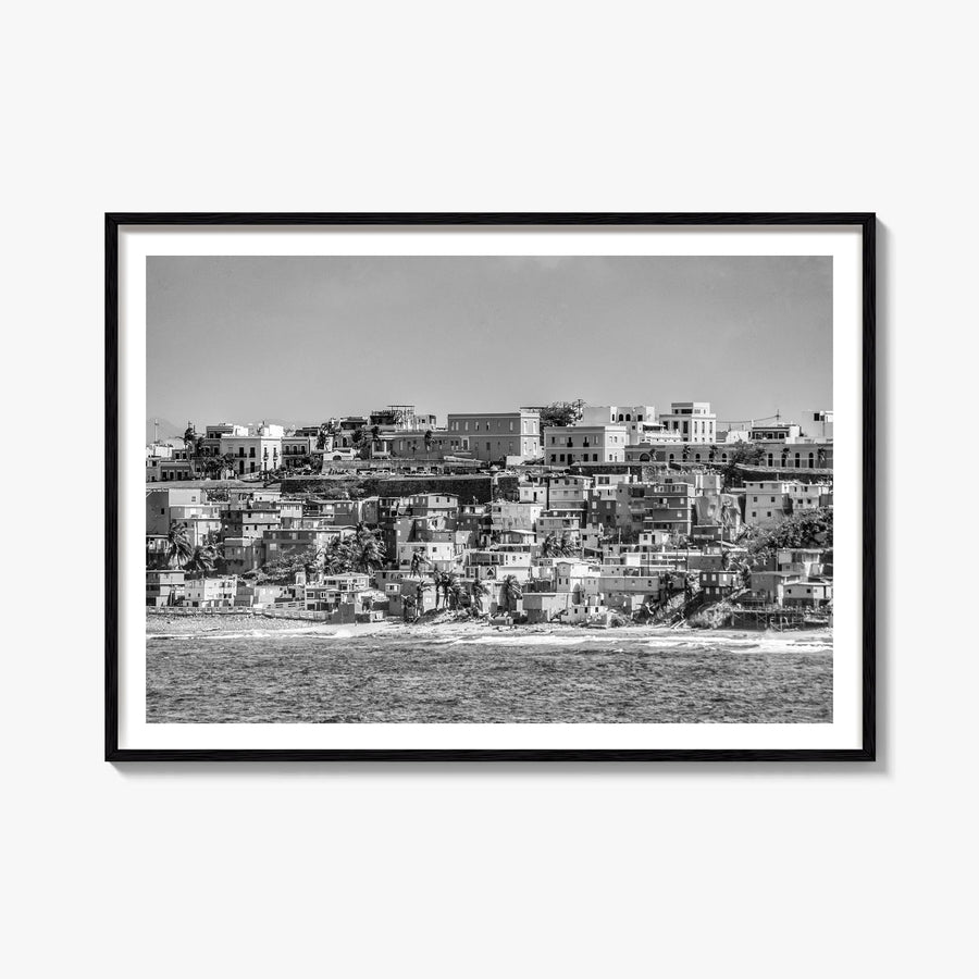 San Juan black & white photo poster of Puerto Rico – horizontal wall art, unframed print shown in interior mockup