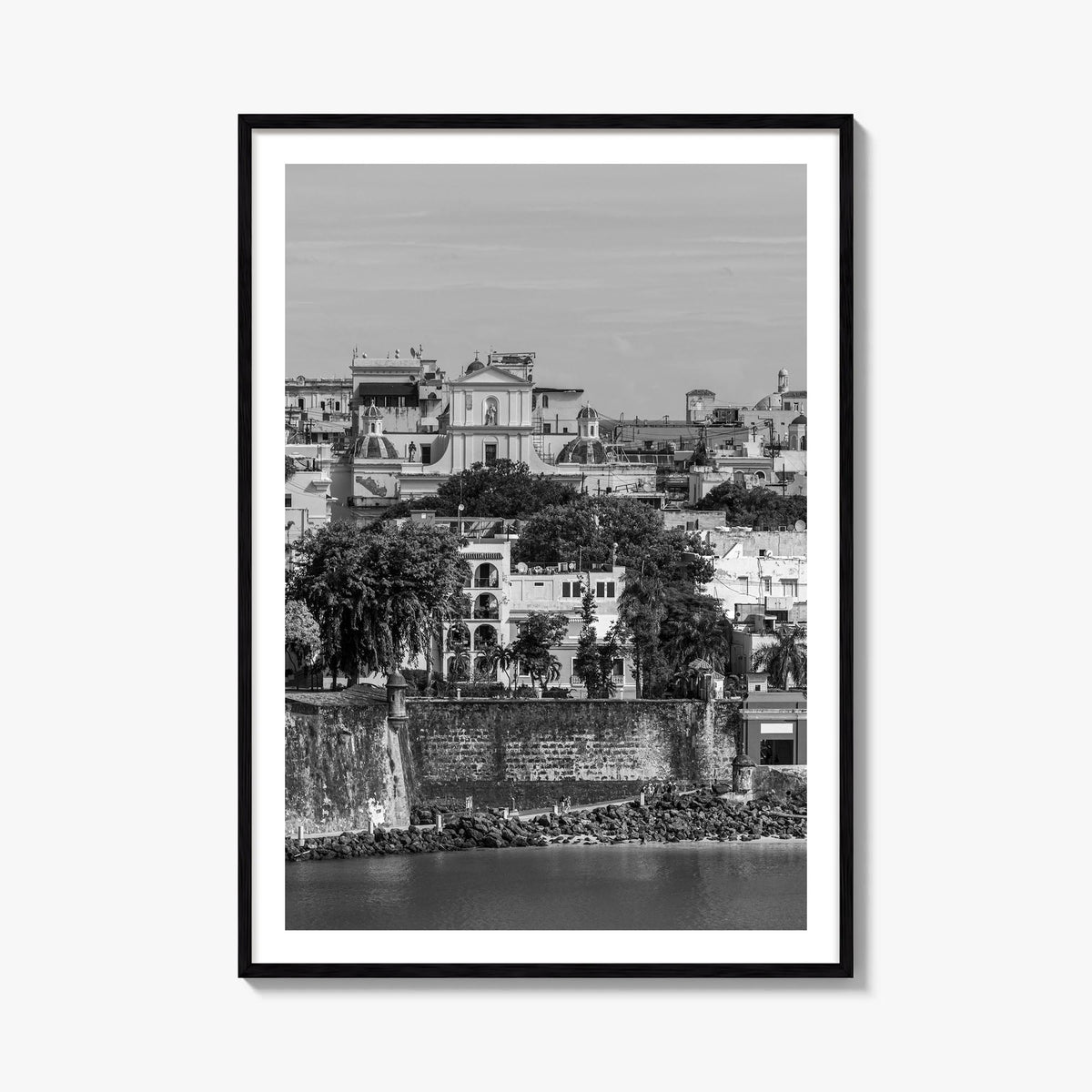 San Juan black & white photo poster of Puerto Rico – vertical wall art, unframed print shown in interior mockup