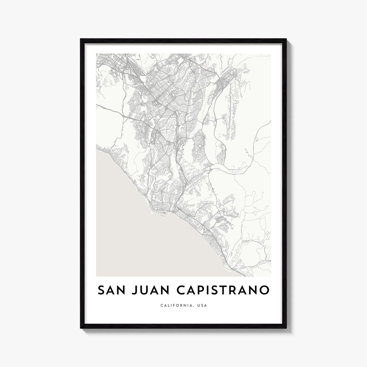 San Juan Capistrano black & white map poster of California, USA – vertical wall art, unframed print shown in interior mockup