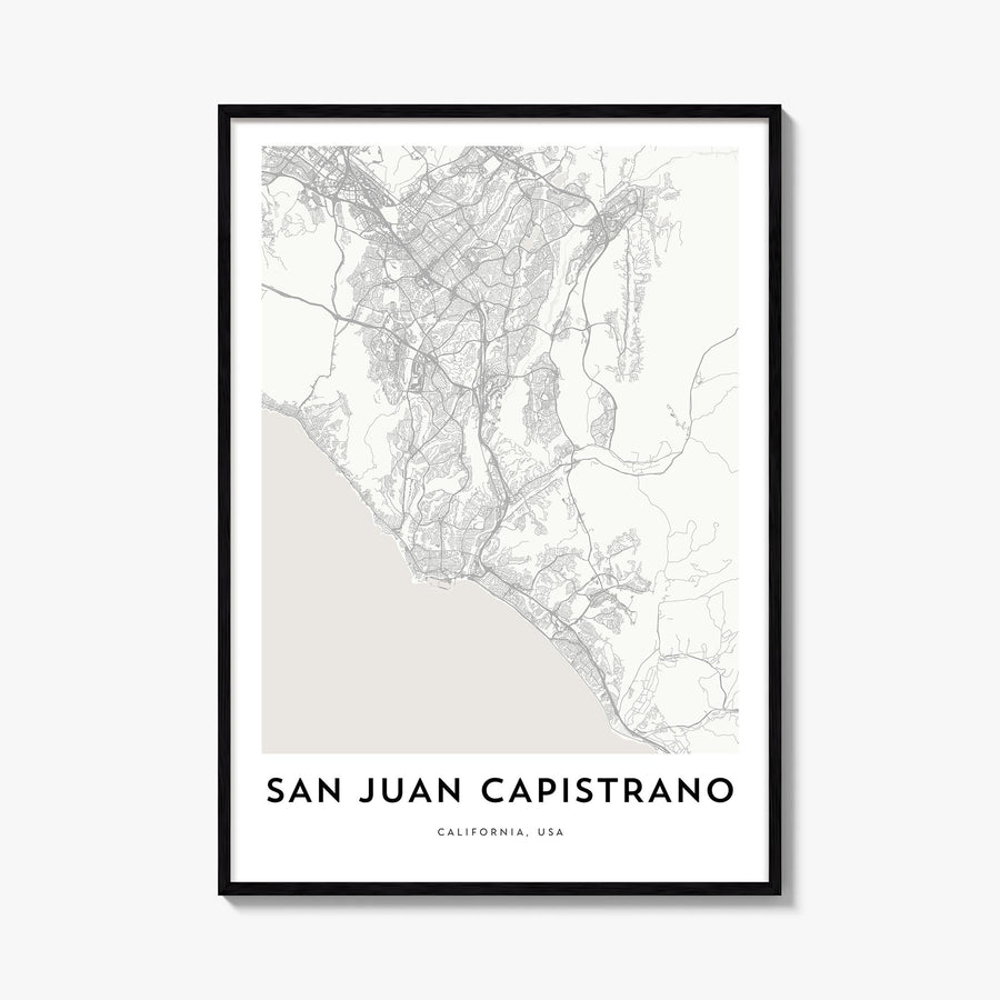 San Juan Capistrano black & white map poster of California, USA – vertical wall art, unframed print shown in interior mockup