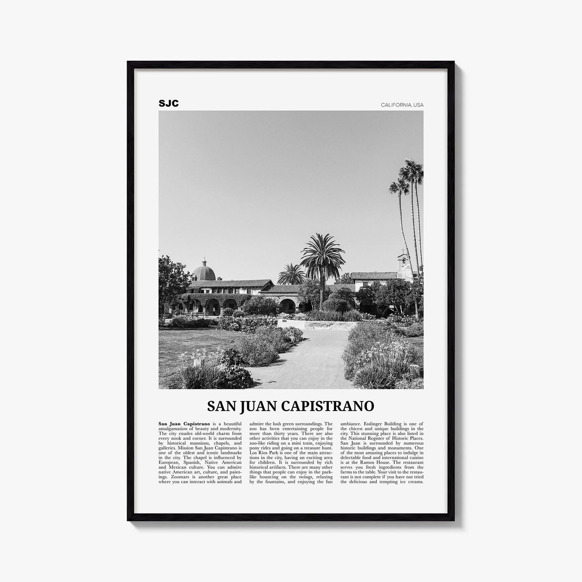 San Juan Capistrano black & white newspaper poster of California, USA – vertical wall art, unframed print shown in interior m