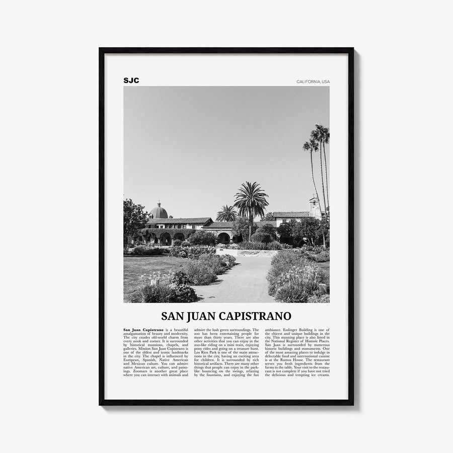 San Juan Capistrano black & white newspaper poster of California, USA – vertical wall art, unframed print shown in interior m