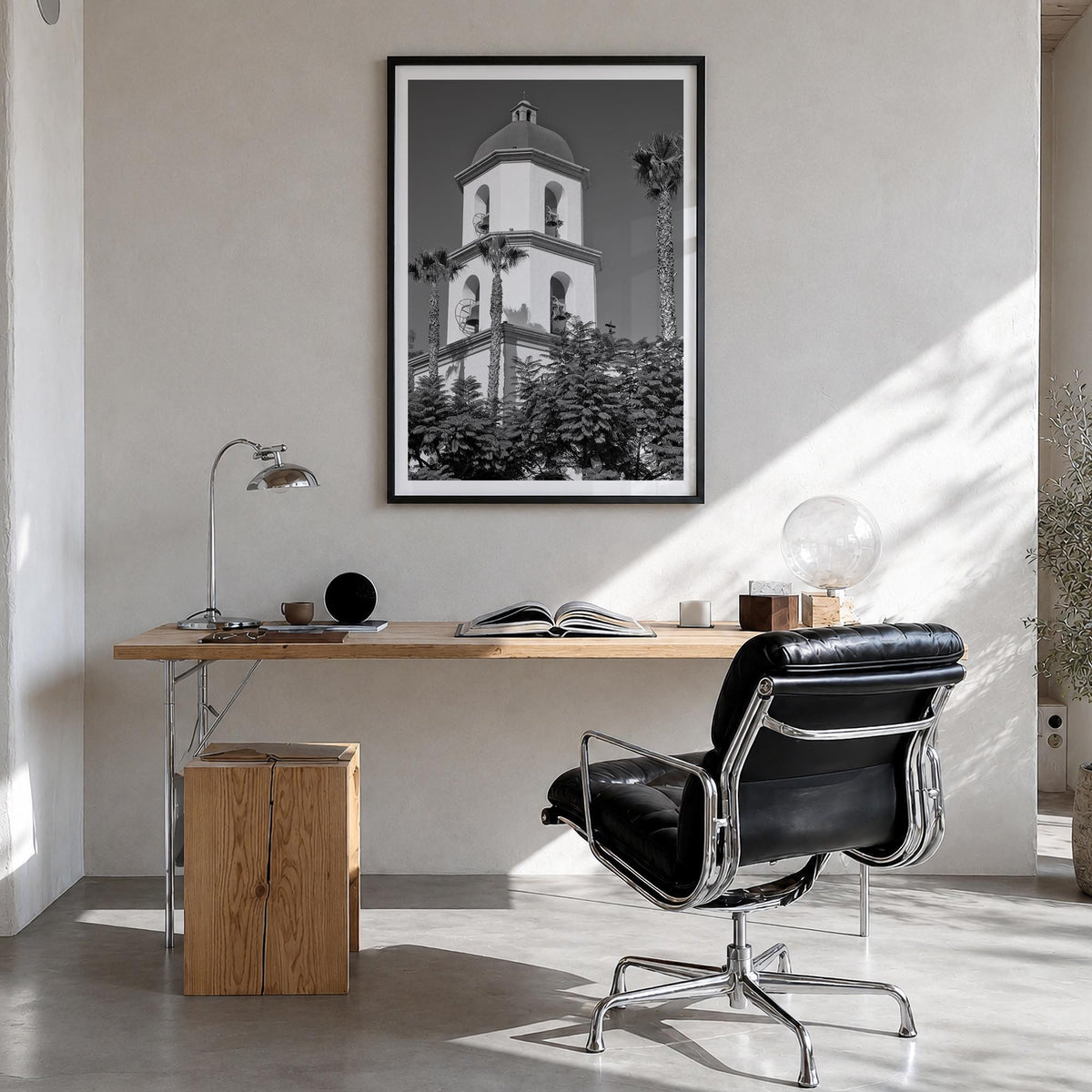 San Juan Capistrano black & white photo poster of California, USA – vertical wall art in black wood frame with white border, 