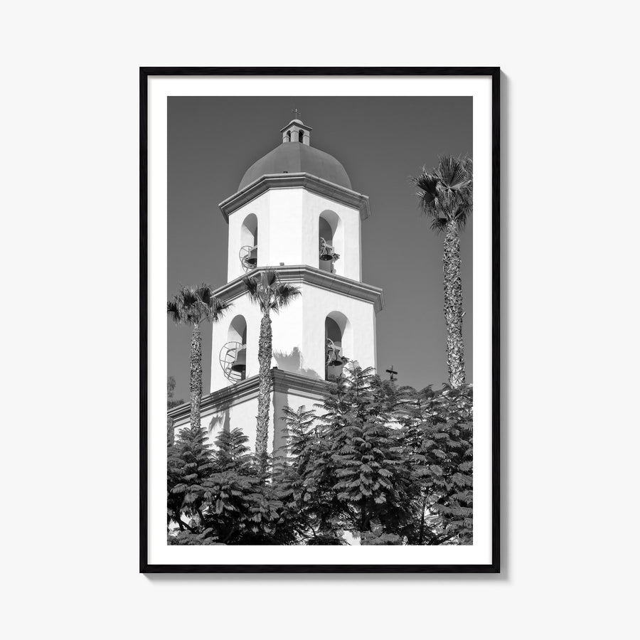 San Juan Capistrano black & white photo poster of California, USA – vertical wall art, unframed print shown in interior mocku