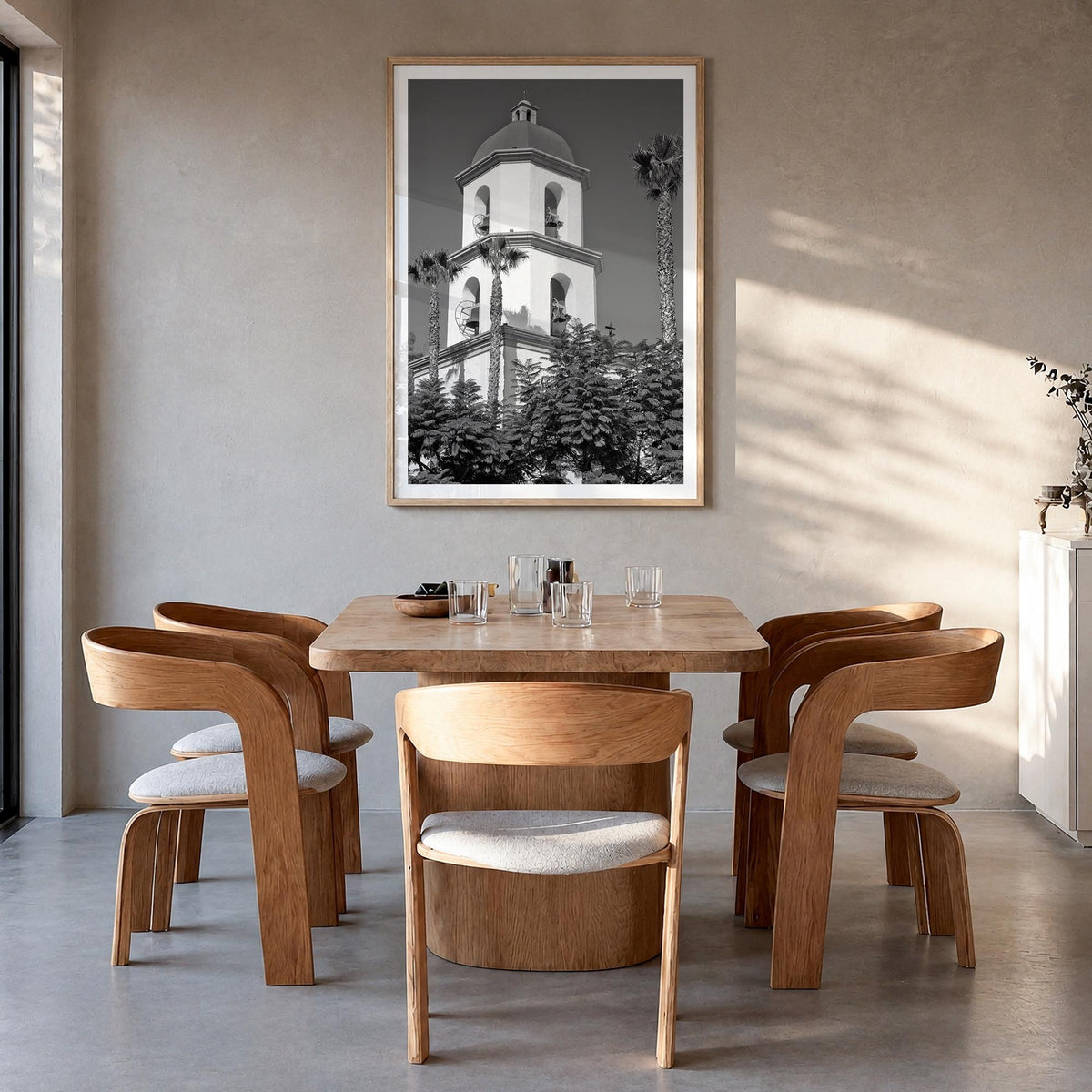 San Juan Capistrano black & white photo poster of California, USA – vertical wall art in natural wood frame with white border