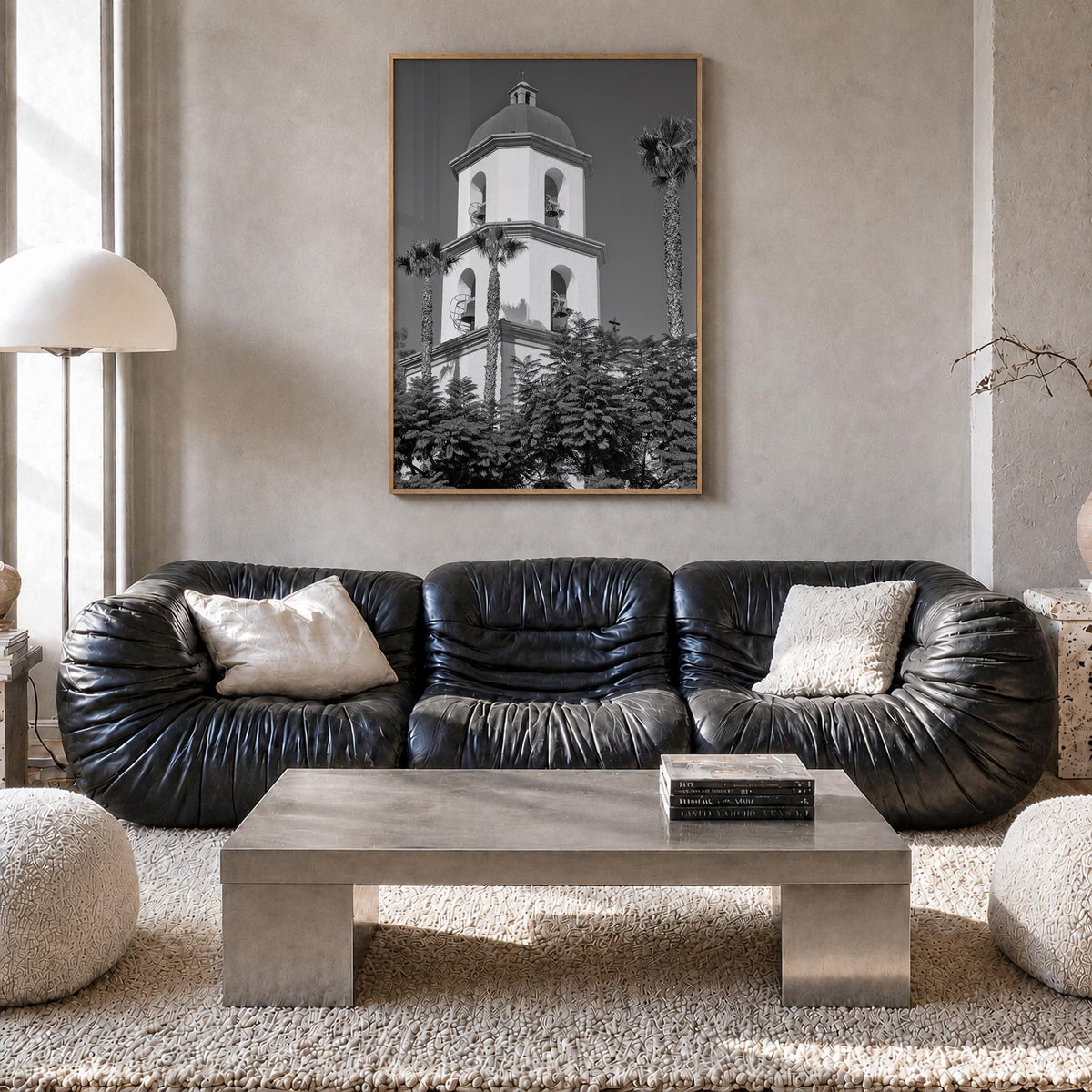 San Juan Capistrano black & white photo poster of California, USA – vertical wall art in natural wood frame, hanging on wall