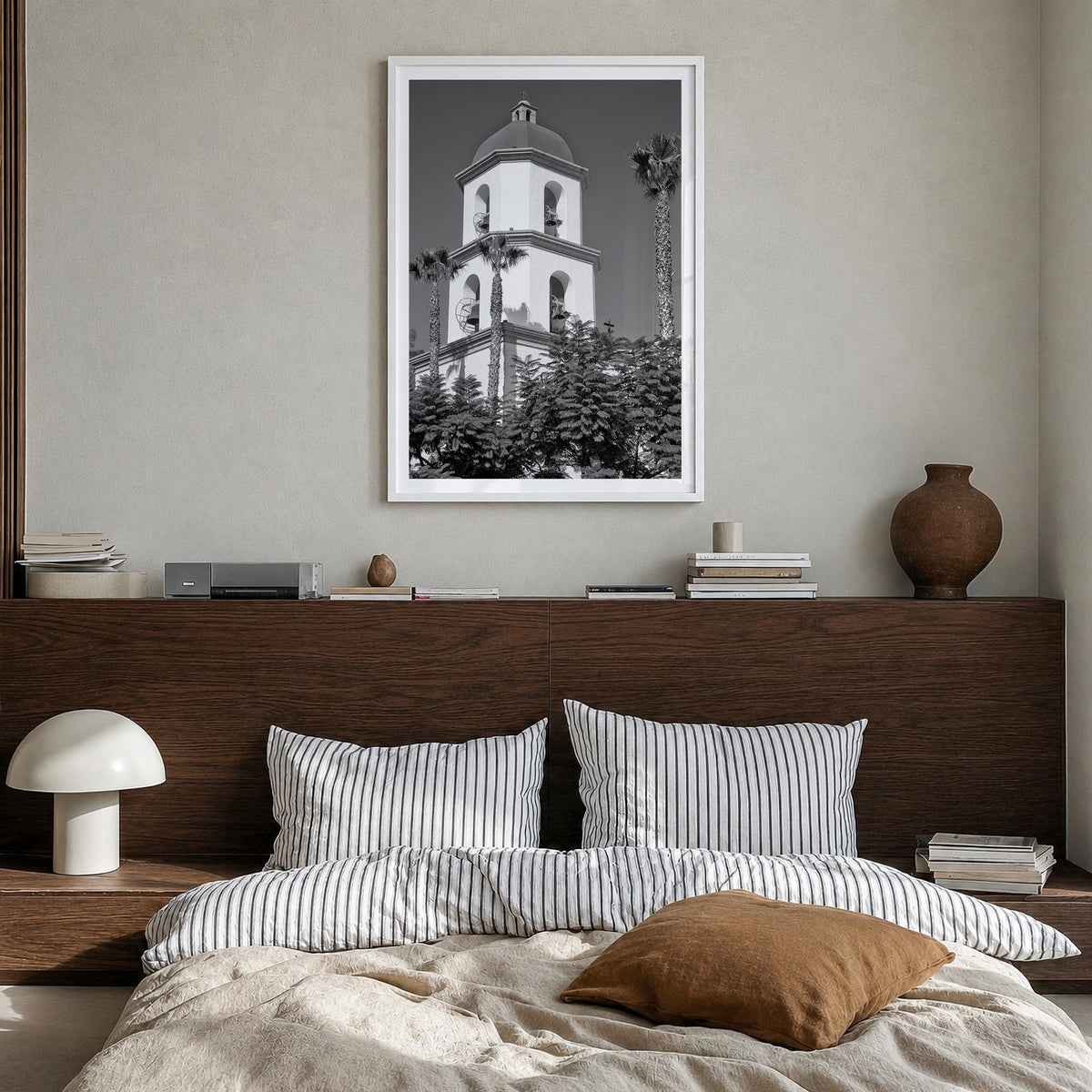 San Juan Capistrano black & white photo poster of California, USA – vertical wall art in white wood frame with white border, 