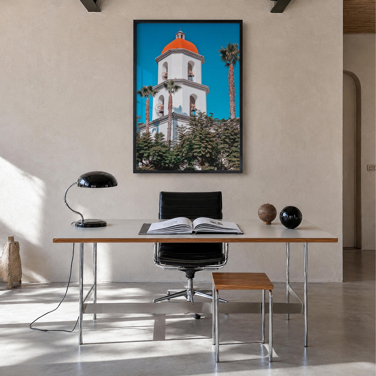 San Juan Capistrano colorful photo poster of California, USA – vertical wall art in black wood frame, hanging on wall