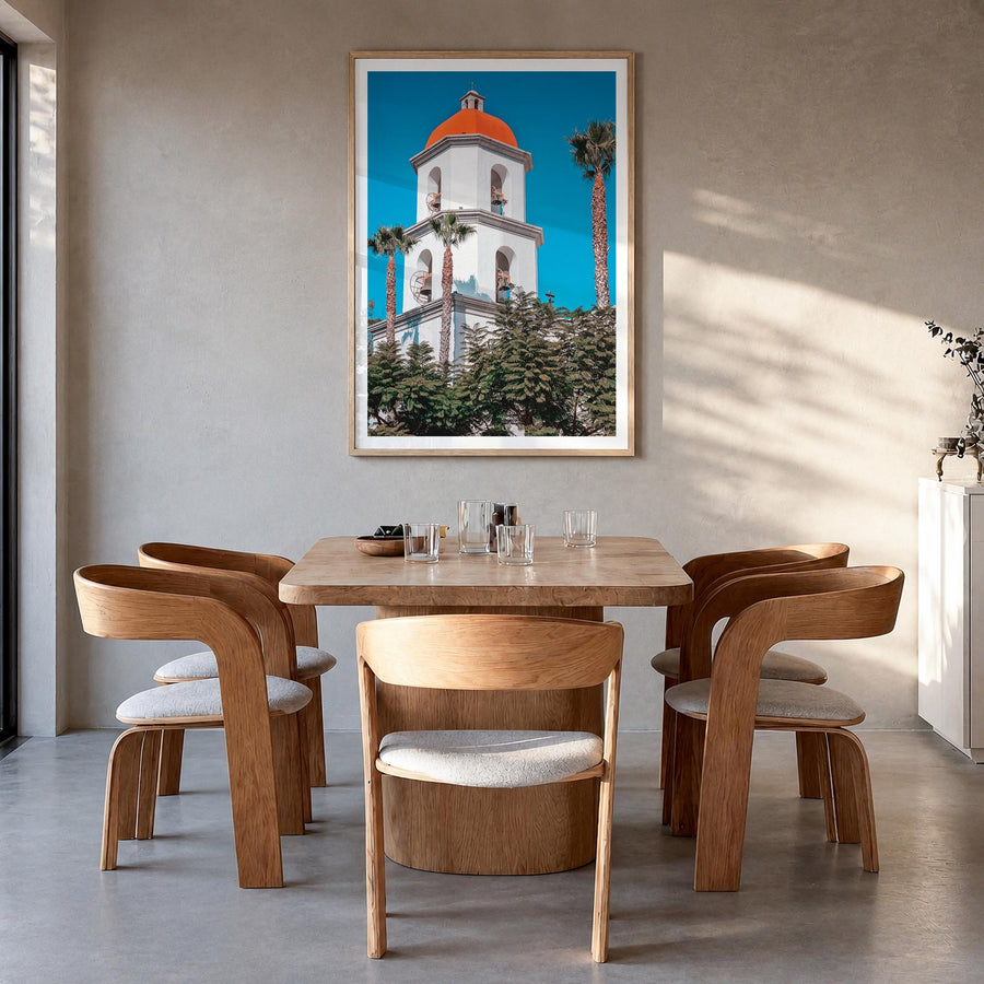 San Juan Capistrano colorful photo poster of California, USA – vertical wall art in natural wood frame with white border, han