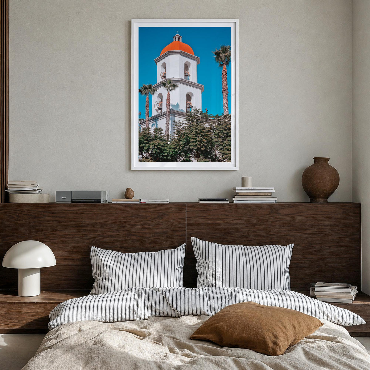 San Juan Capistrano colorful photo poster of California, USA – vertical wall art in white wood frame with white border, hangi