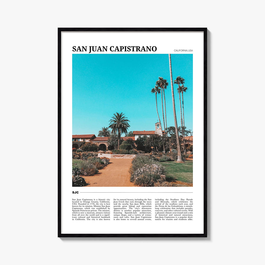 San Juan Capistrano colorful travel poster of California, USA – vertical wall art, unframed print shown in interior mockup