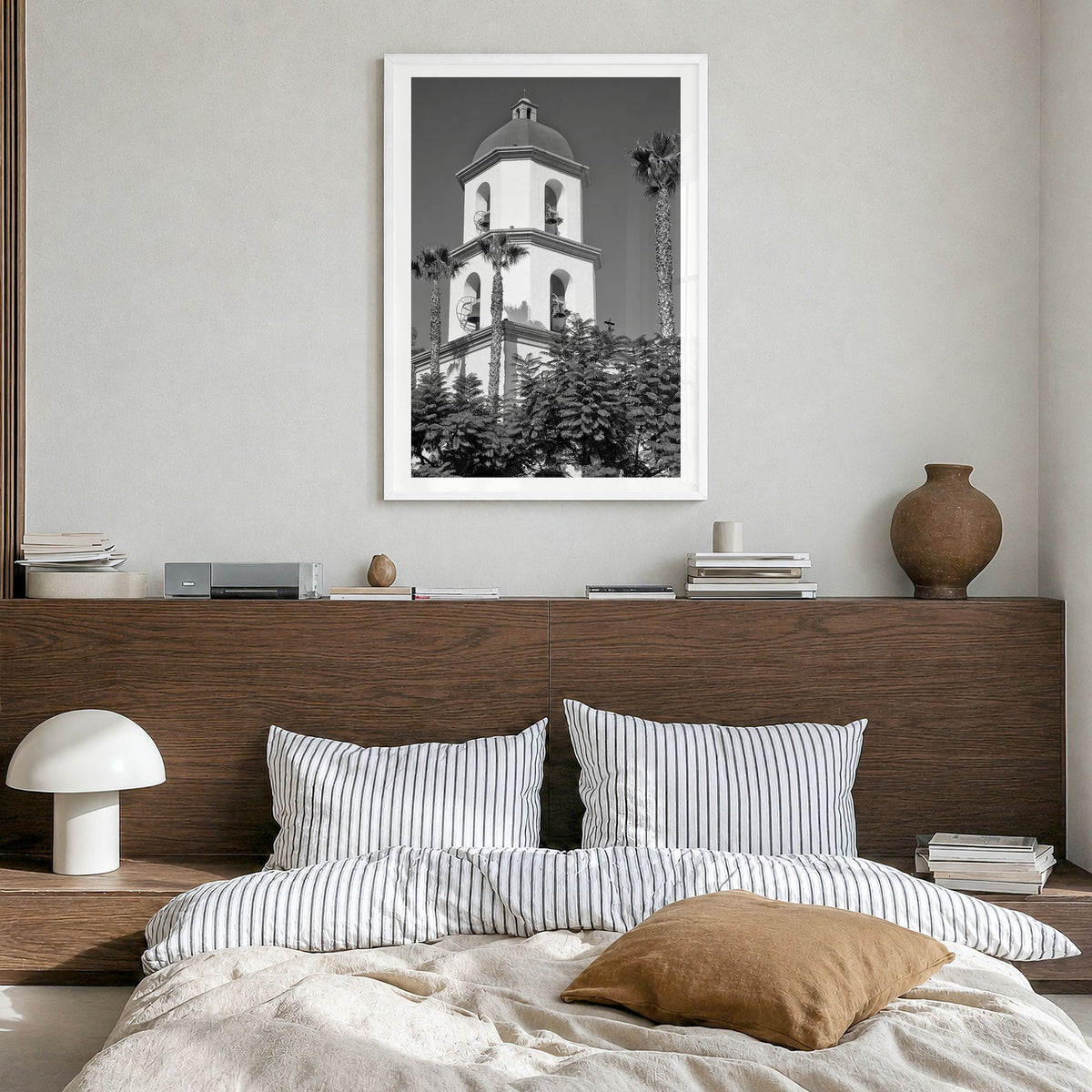 San Juan Capistrano Photo Poster in a white wood frame, hanging in a bedroom, white border