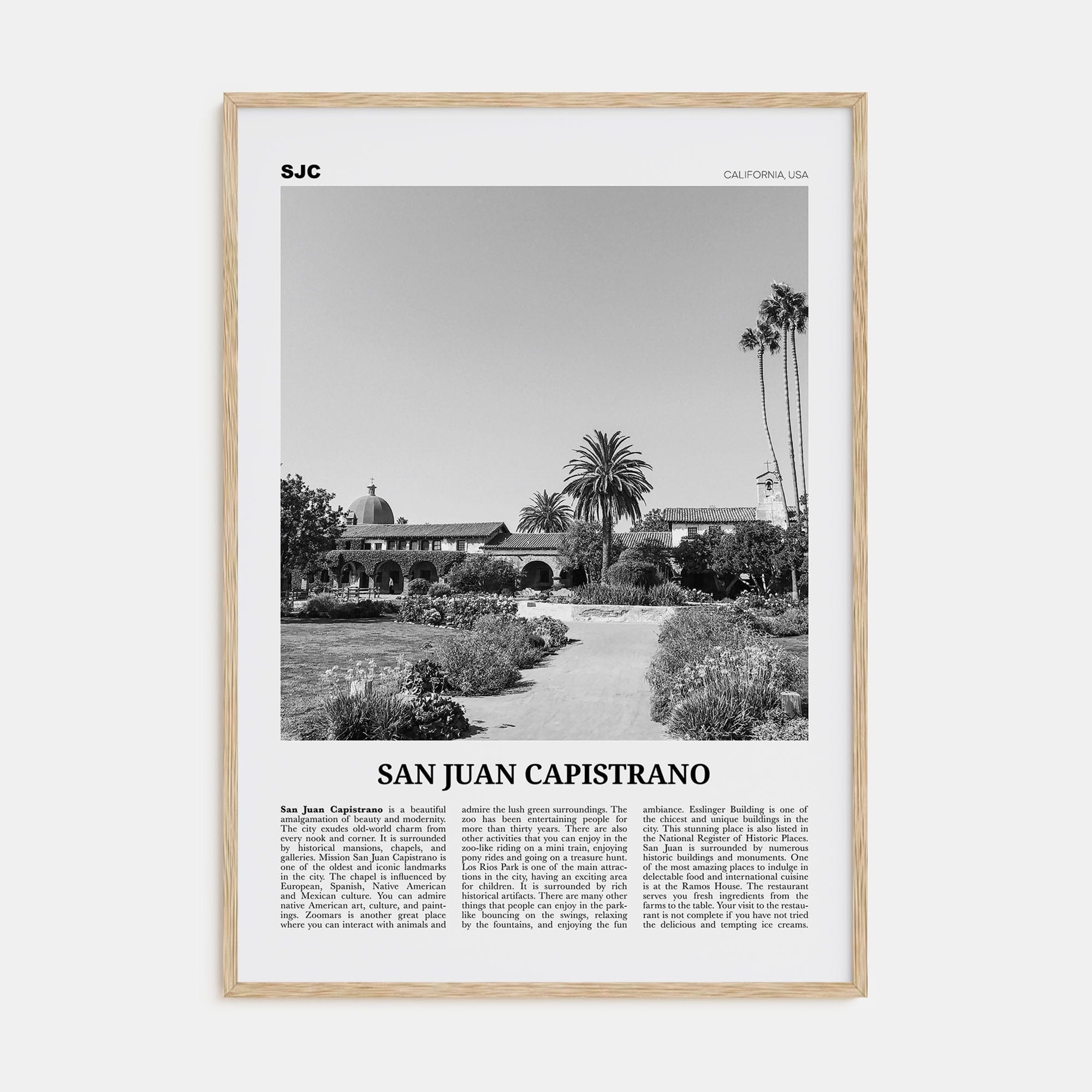 San Juan Capistrano Poster Natural Wood / 8x12 in Nbourhood Travel B&W Poster