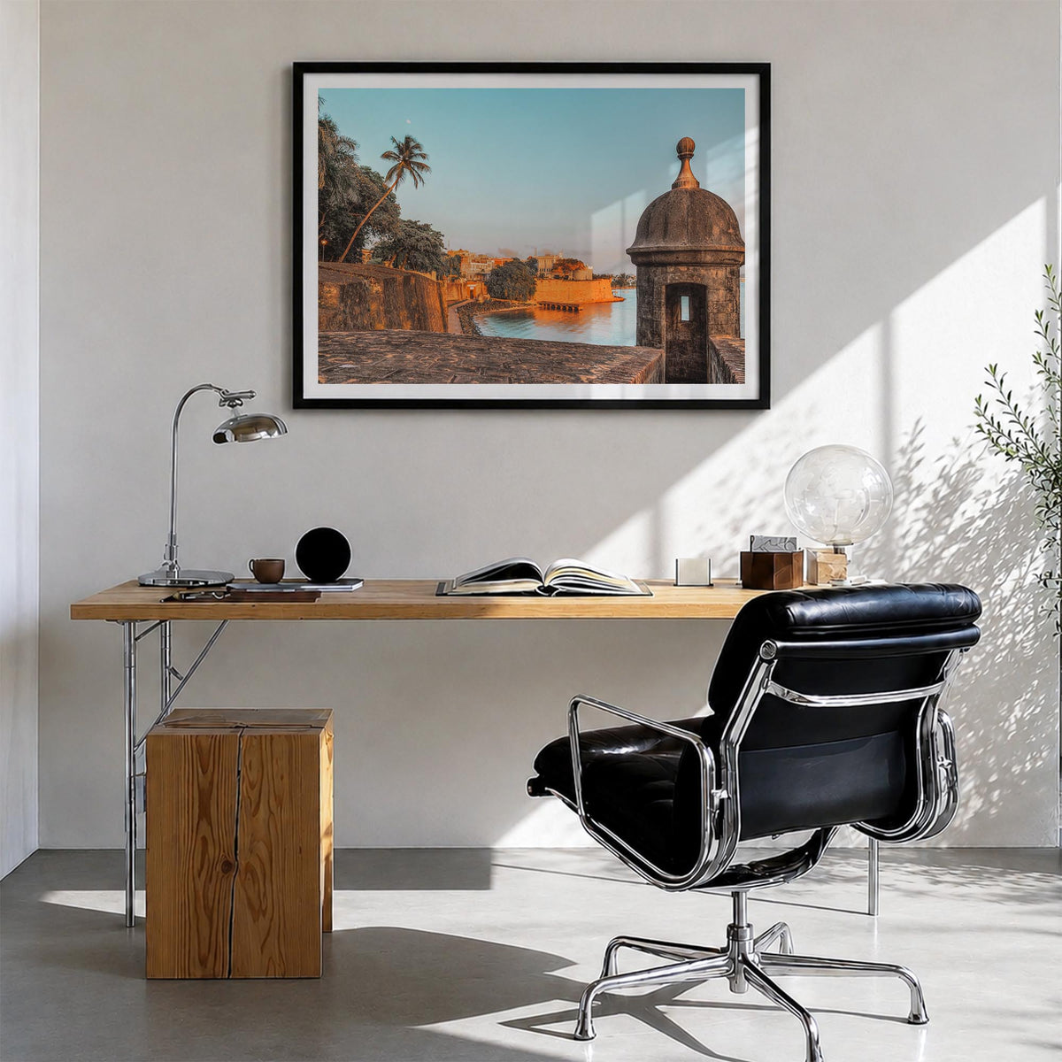 San Juan colorful photo poster of Puerto Rico – horizontal wall art in black wood frame with white border, hanging on wall
