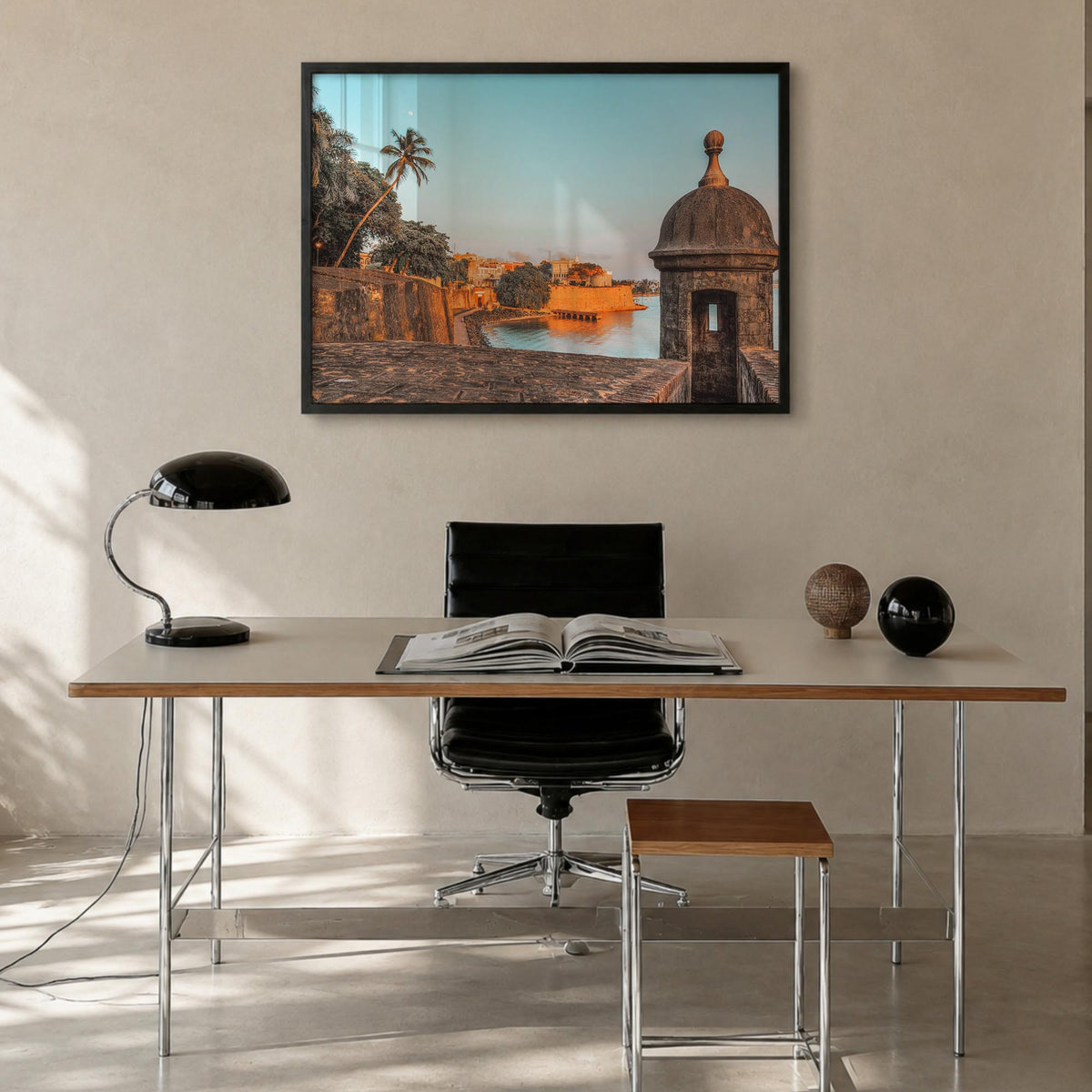 San Juan colorful photo poster of Puerto Rico – horizontal wall art in black wood frame, hanging on wall