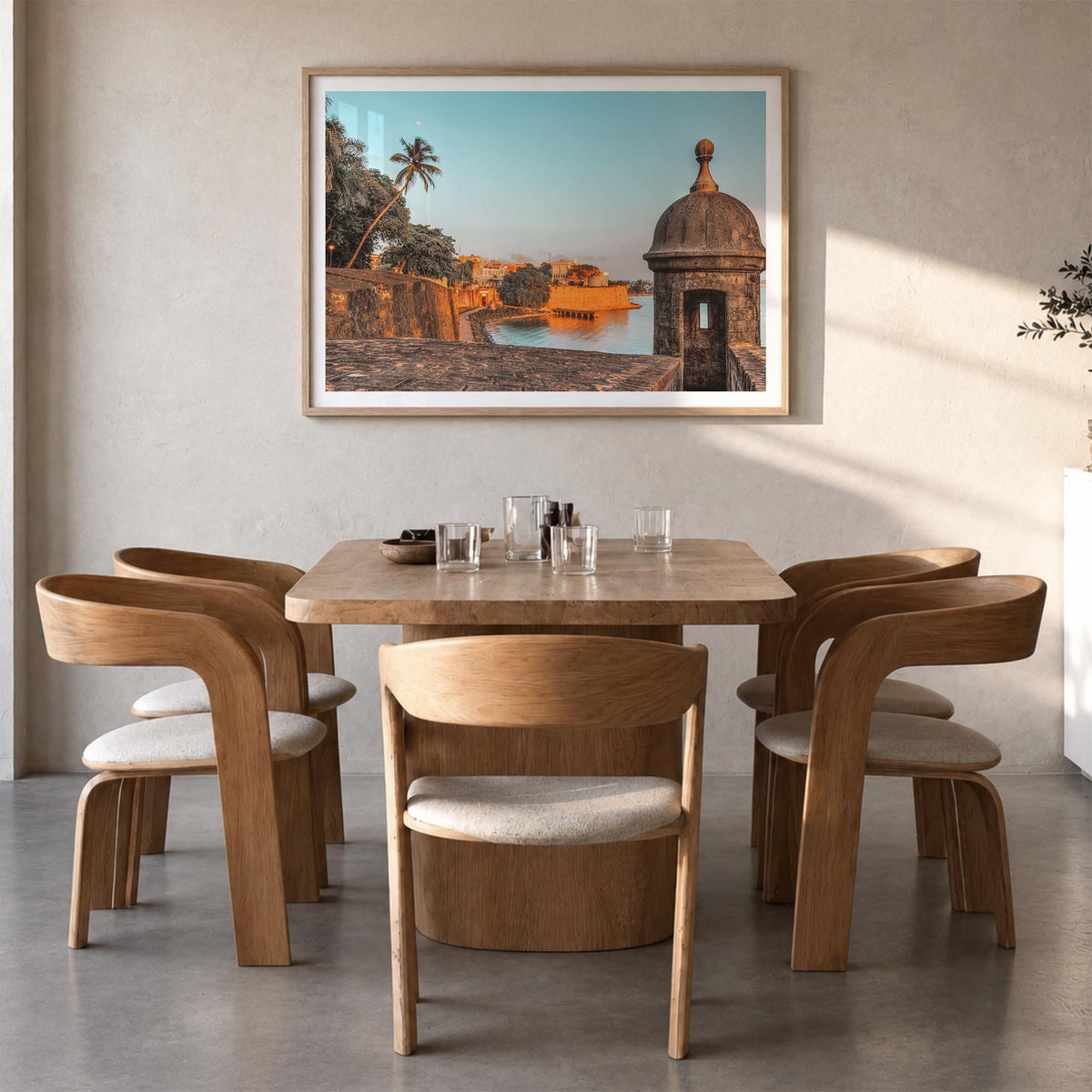 San Juan colorful photo poster of Puerto Rico – horizontal wall art in natural wood frame with white border, hanging on wall