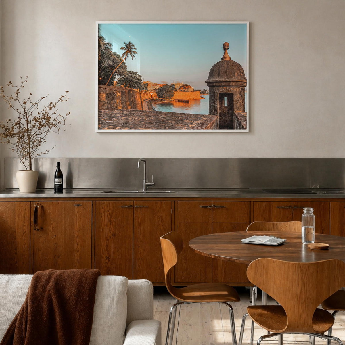 San Juan colorful photo poster of Puerto Rico – horizontal wall art in white wood frame, hanging on wall