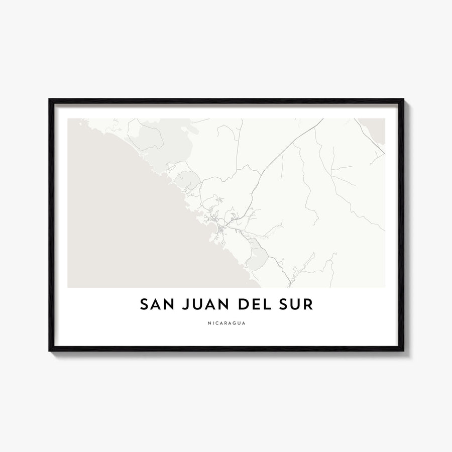 San Juan del Sur black & white map poster of Nicaragua – horizontal wall art, unframed print shown in interior mockup