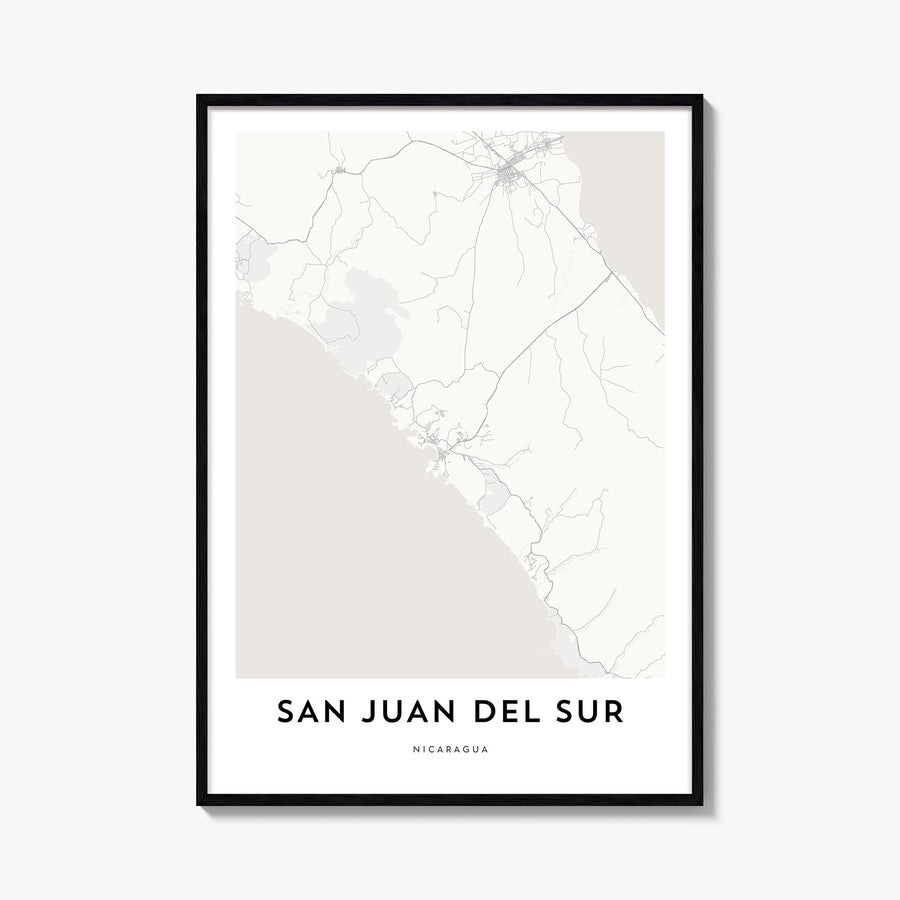 San Juan del Sur black & white map poster of Nicaragua – vertical wall art, unframed print shown in interior mockup