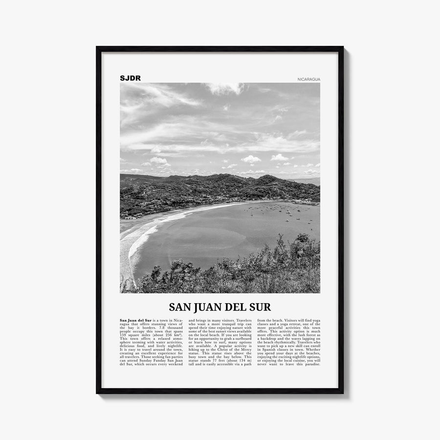 San Juan del Sur black & white newspaper poster of Nicaragua – vertical wall art, unframed print shown in interior mockup