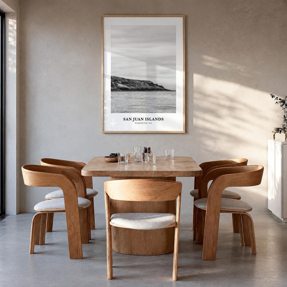 San Juan Islands black & white classic poster of Washington, USA – vertical wall art in natural wood frame, hanging on wall