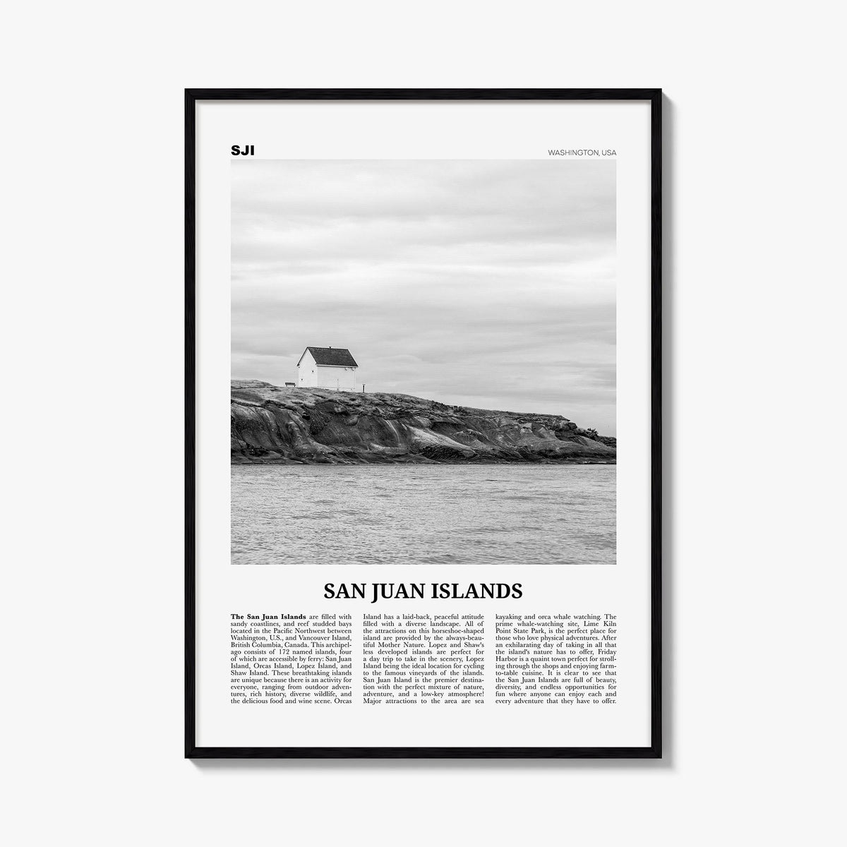 San Juan Islands black & white newspaper poster of Washington, USA – vertical wall art, unframed print shown in interior mock