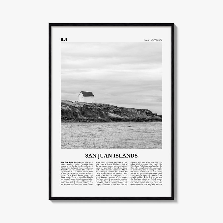 San Juan Islands black & white newspaper poster of Washington, USA – vertical wall art, unframed print shown in interior mock