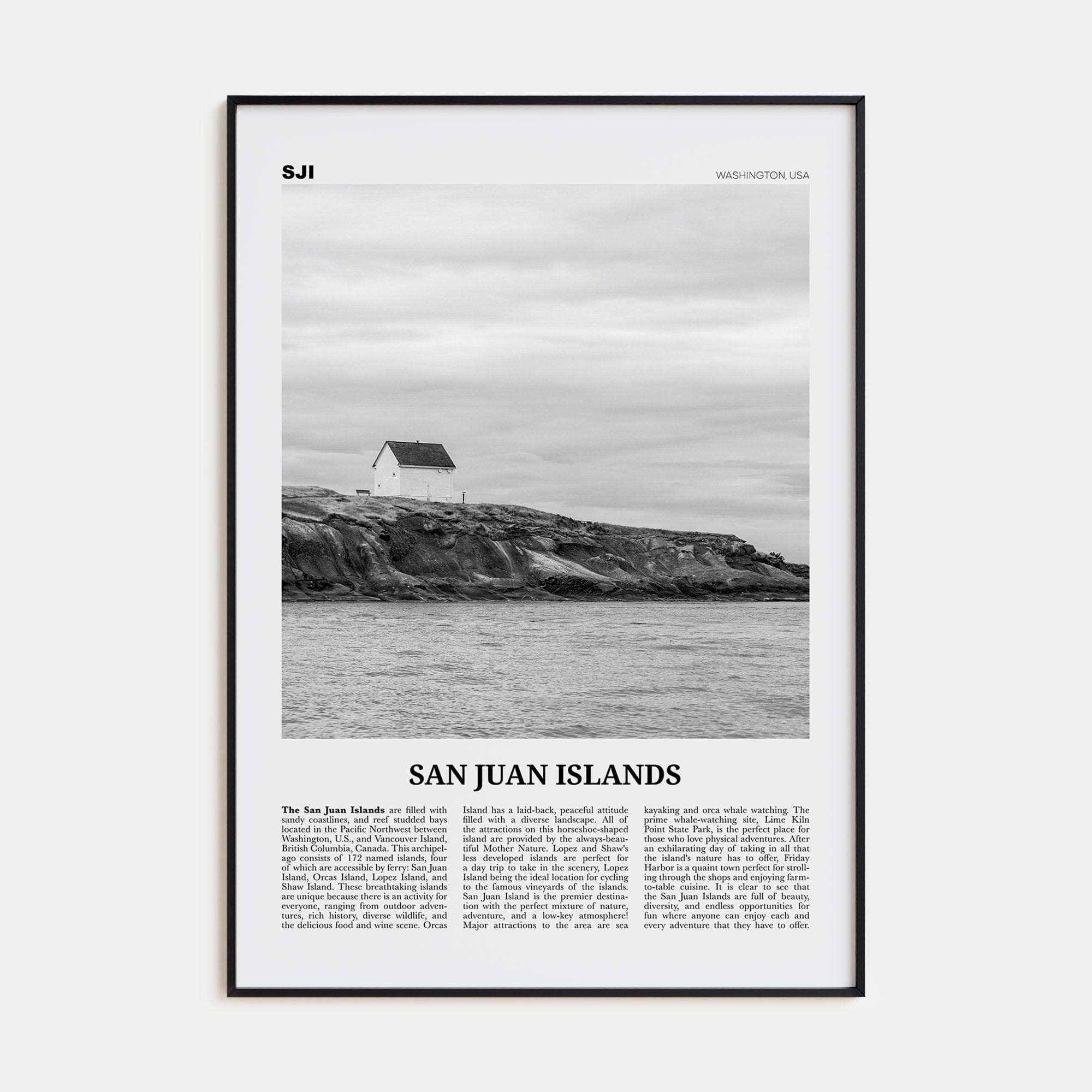 San Juan Islands Poster Black Metal / 8x12 in Nbourhood Travel B&W Poster