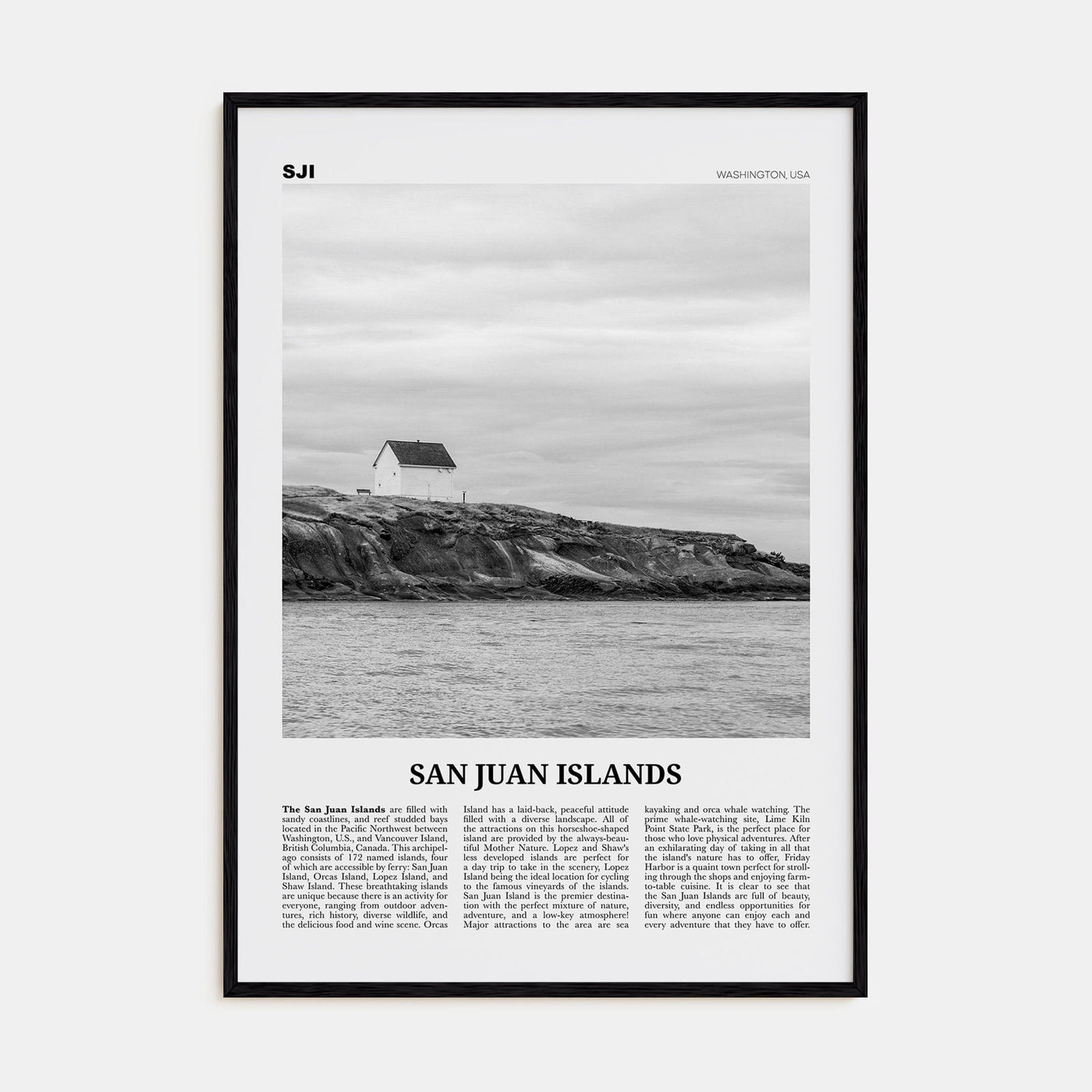 San Juan Islands Poster Black Wood / 8x12 in Nbourhood Travel B&W Poster