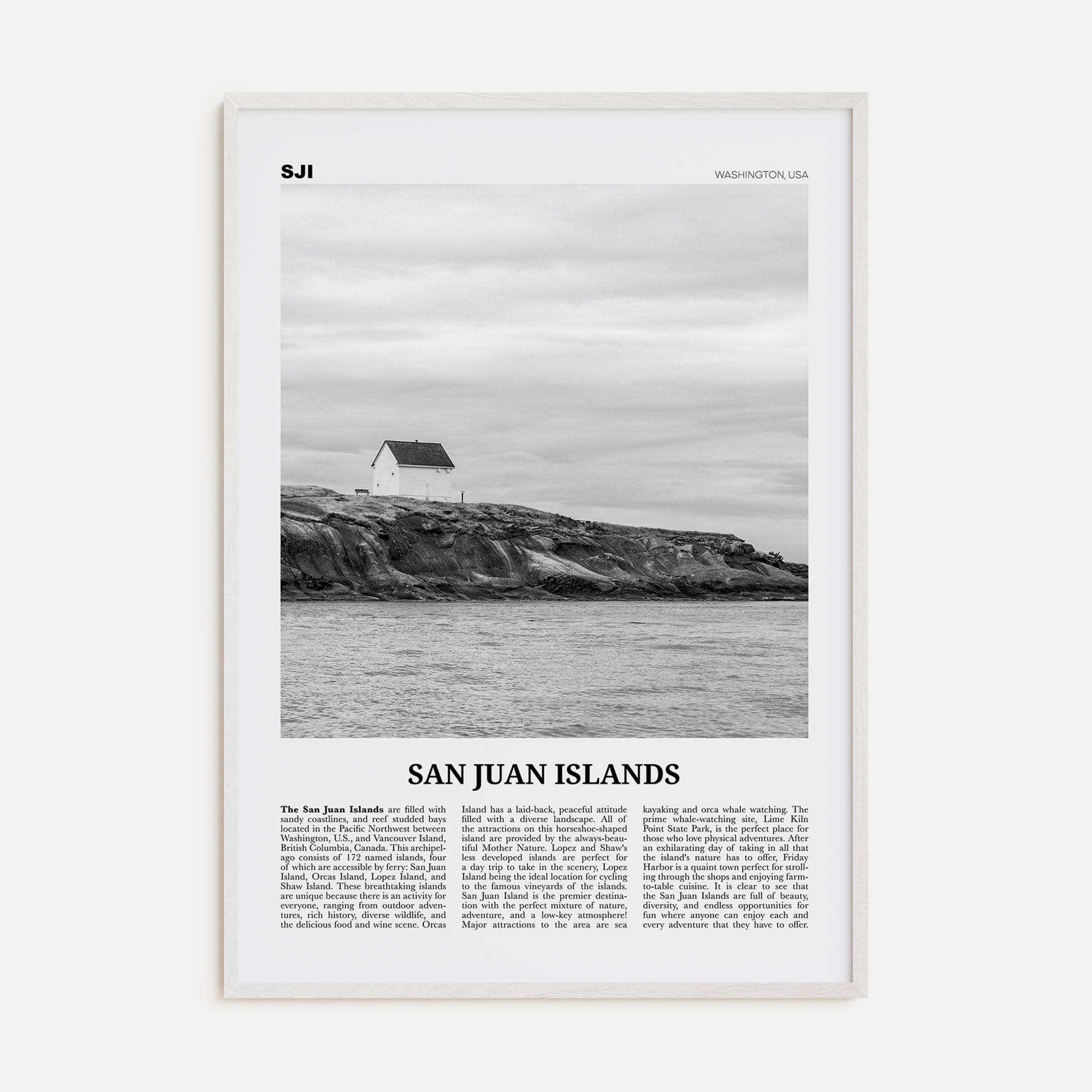 San Juan Islands Poster White Wood / 8x12 in Nbourhood Travel B&W Poster