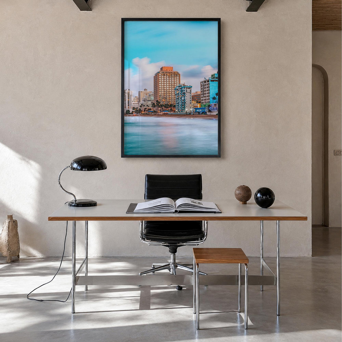 San Juan no. 1 colorful photo poster of Puerto Rico – vertical wall art in black wood frame, hanging on wall
