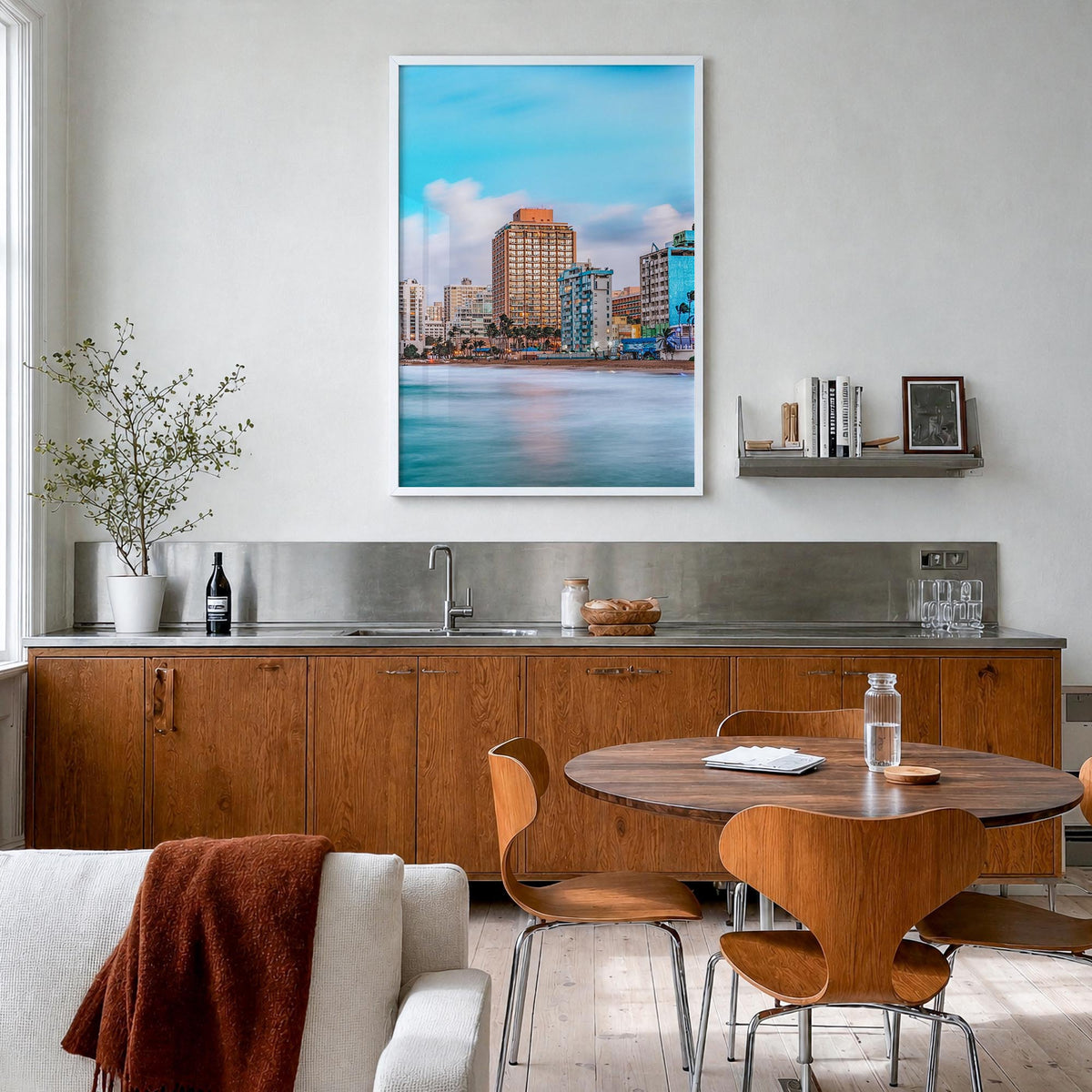 San Juan no. 1 colorful photo poster of Puerto Rico – vertical wall art in white wood frame, hanging on wall