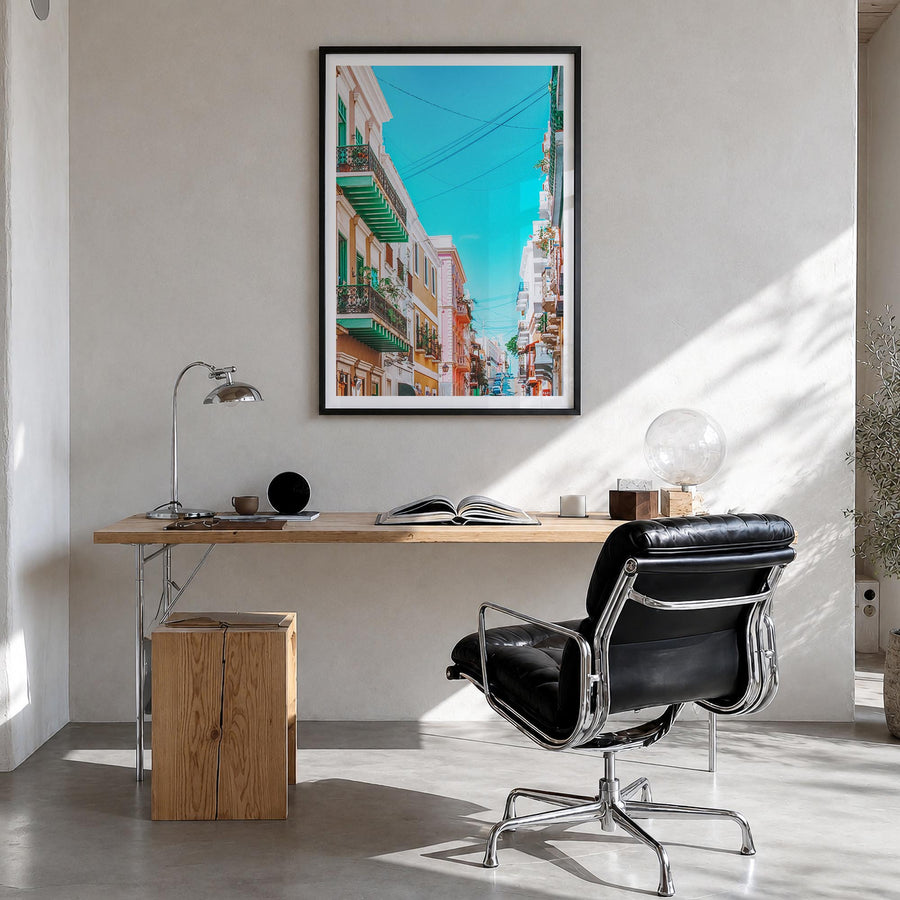 San Juan no. 2 colorful photo poster of Puerto Rico – vertical wall art in black wood frame with white border, hanging on wal