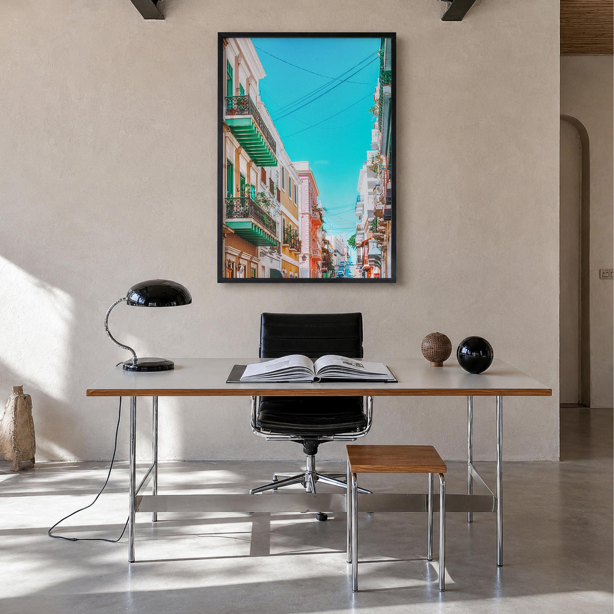 San Juan no. 2 colorful photo poster of Puerto Rico – vertical wall art in black wood frame, hanging on wall