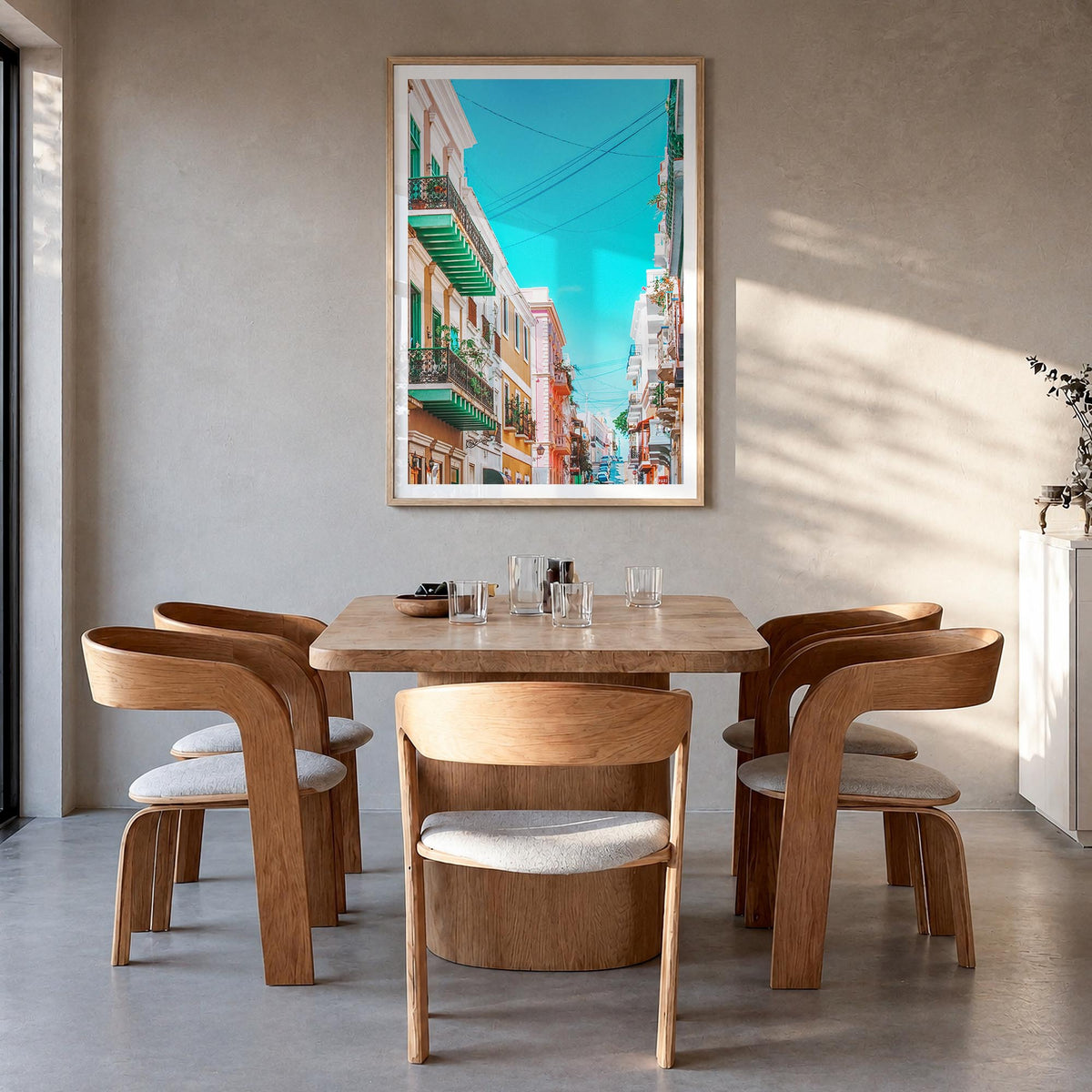 San Juan no. 2 colorful photo poster of Puerto Rico – vertical wall art in natural wood frame with white border, hanging on w