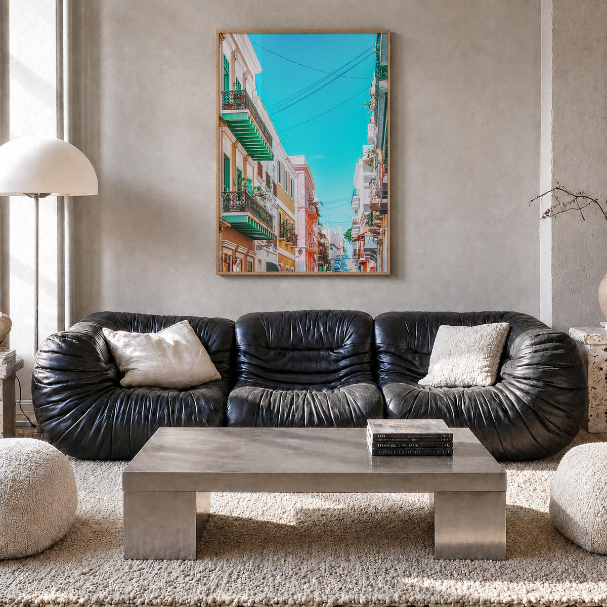 San Juan no. 2 colorful photo poster of Puerto Rico – vertical wall art in natural wood frame, hanging on wall