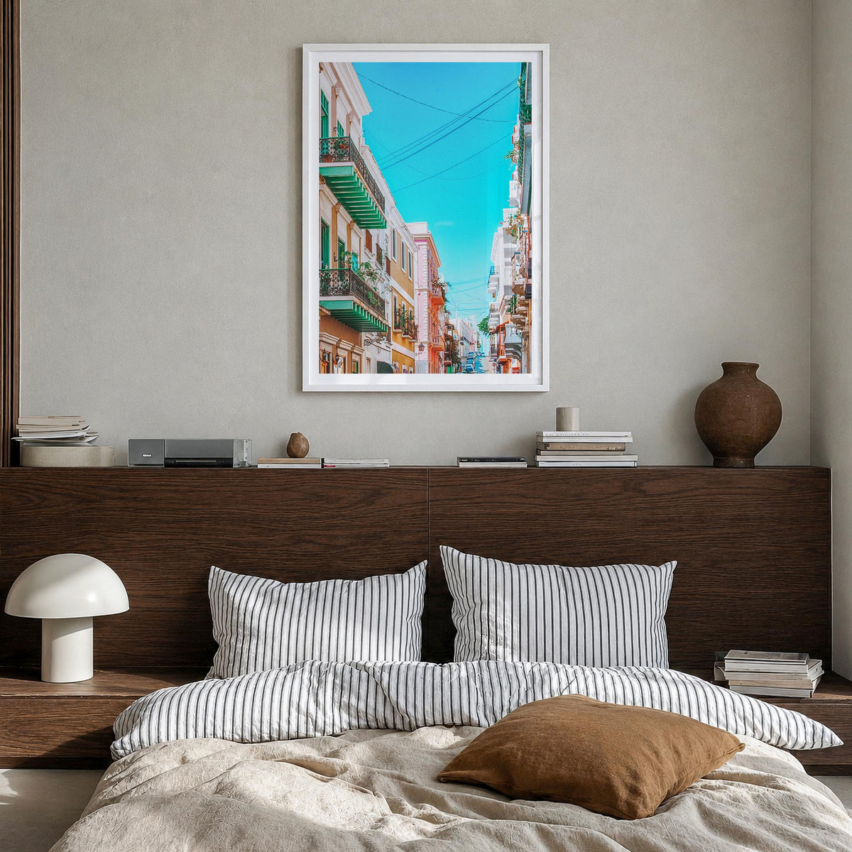 San Juan no. 2 colorful photo poster of Puerto Rico – vertical wall art in white wood frame with white border, hanging on wal
