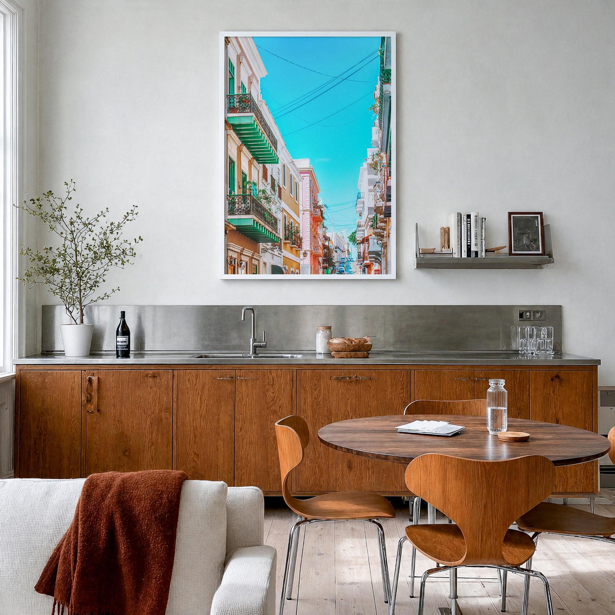 San Juan no. 2 colorful photo poster of Puerto Rico – vertical wall art in white wood frame, hanging on wall