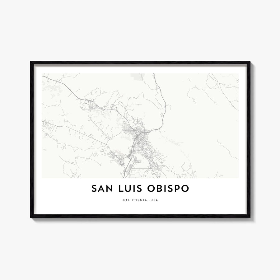 San Luis Obispo black & white map poster of California, USA – horizontal wall art, unframed print shown in interior mockup