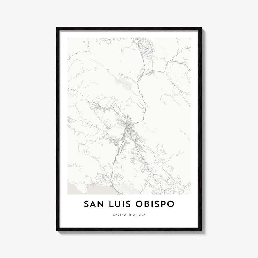 San Luis Obispo black & white map poster of California, USA – vertical wall art, unframed print shown in interior mockup